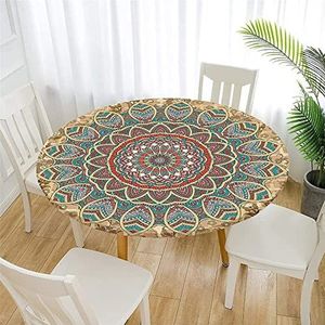 Fansu Rond tafelkleed 100 cm, afveegbaar rond mandala-tafelkleed met elastische rand, waterafstotend polyester, goudkleurig groen tafelkleed voor buiten, picknick in de tuin, keuken