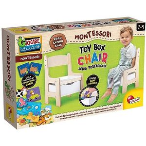 Lisciani Montessori Houten stoel voor speelgoed, educatief spel, comfortabel, stoel van echt hout, opberglade, oranje en beige, voor kinderen vanaf 2 jaar