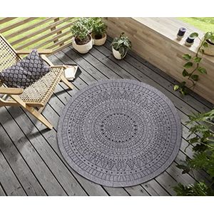 NORTHRUGS Indoor en outdoor tapijt Porto rond diameter 140 cm - omkeerbaar tapijt weerbestendig modern mandala design tapijt voor balkon, terras tuin serre woonkamertapijt waterdicht in night silver