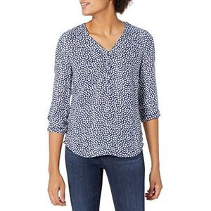 Amazon Essentials Women's Popover shirt met driekwartmouwen en knoopsluiting, Donkerblauw Wit Bloemblaadje, L