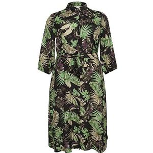 Kaffe Curve Plus-Size dames shirt jurk midi lange mouwen taille riem, groen/zwart/paarse palmprint, 46 (L)