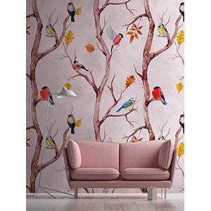Livingwalls Vliesbehang - behang vogels vintage landhuis in roze, bruin en geel - wandbehang voor verschillende kamers - wandschilderij XXL 159 x 280 cm