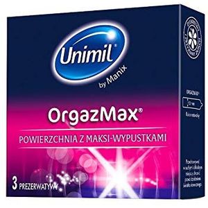 Unimil OrgazmMax 2x3 Unimil Orgazmax is een condoom met een orgasmic textuur. Nieuwe generatie lugs zijn ongelooflijk stimulerend.