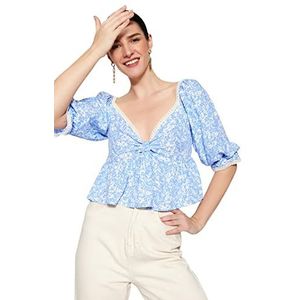 Trendyol Dames getailleerd basic V-hals geweven blouse shirt, Blauw, 62