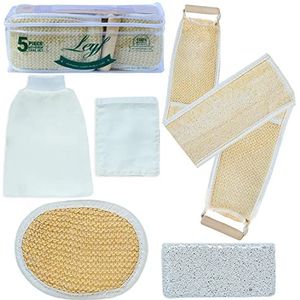 LEYF 5-in-1 badpeeling- en lichaamsreinigingsset 100% natuurlijk en hoogwaardig/Luffa-sponzen, gezicht en lichaam peelinghandschoen, rugschrobber, puimsteen/hamam - kese