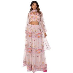 Maya Deluxe Dames Indiase traditionele jurk outfit Lengha Choli Lehenga Saree rok en top Dupatta Coord Set voor bruiloft gast, roze geborduurd, 12, Roze Geborduurd, 38