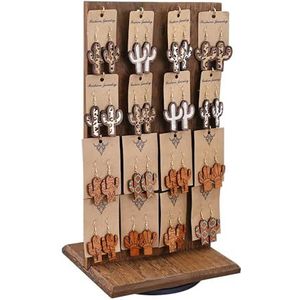 Ikee Design Houten roterende tweezijdige sieradendisplaystandaard, roterende organizer met 32 haken voor opslag, oorbeldisplay met haken, sleutelhanger display, bruine kleur, 9 B x 7,5 D x 16,5 H in