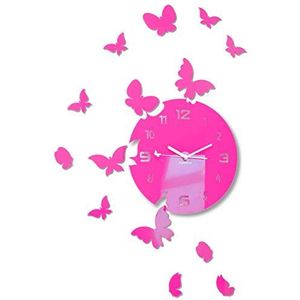 FLEXISTYLE Grote moderne wandklok vlinder rond 30 cm, 15 vlinders, woonkamer, slaapkamer, kinderkamer, product gemaakt in de EU (roze)