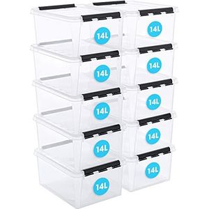 SmartStore 14L doorzichtige plastic opbergdozen met deksel, 10 stuks, versterkt, 10 jaar garantie, voedselveilig, clip vergrendeld, stapelbaar en nestbaar, BPA-vrij L40 x B30 x H18 cm