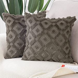 MADIZZ Set van 2 zachte pluche korte wol fluwelen decoratieve Kussenhoezen luxueuze stijl kussenhoes voor bank slaapkamer 50x50 cm Taupe