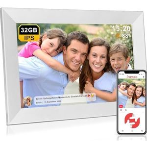 FRAMEO Digitale fotolijst, 32 GB, 10,1 inch wifi, IPS-touchscreen HD 1280 x 800, automatische rotatie, ondersteuning voor micro-SD-kaart, Momento's om direct te delen (wit)