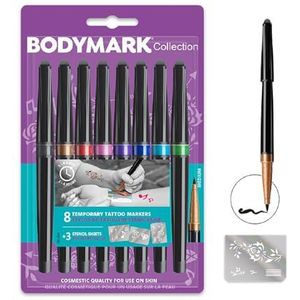 BodyMark by BIC 992593, Tijdelijke Tattoo Markers en Stencils, Verschillende kleuren, Pack van 8+3