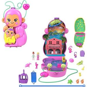 Polly Pocket Poppen en speelset met huisdieren en 13 accessoires, 2-in-1 draagbare tas met Moederaap en Baby, en dierenspeeltje, HWP04
