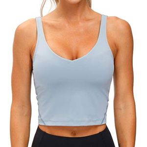 THE GYM PEOPLE Longline sportbeha voor dames, draadloos, gewatteerd met medium ondersteuning, Denim Blauw, L