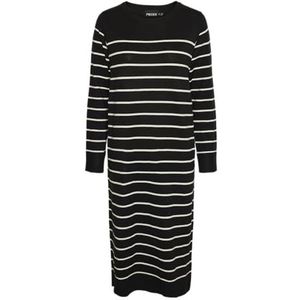 PIECES Pcjoy Ls Midi-jurk voor dames, midi-jurk, midi-jurk, ronde hals, Black/Stripes:cloud Dancer, XL