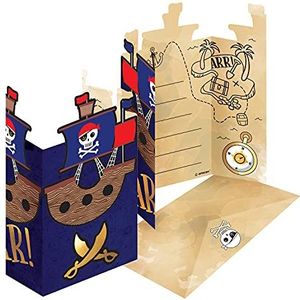 Amscan 9909920 - uitnodigingskaarten piraat, 8 kaarten met bijpassende envelop, uitnodigingen, kinderverjaardag, themafeest, carnaval