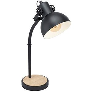 EGLO Tafellamp Lubenham, 1-lichts vintage tafellamp in industrieel design, retro bedlampje van staal en hout, kleur: zwart, bruin, fitting: E27, incl.