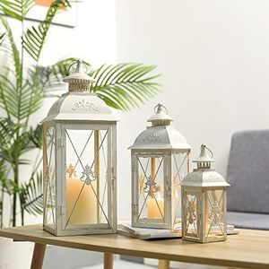 TRIROCKS Set van 3 decoratieve kaarslantaarn 49/34/24cm hoge hangende lantaarn metalen kandelaar met gehard glas perfect voor woonkamer tuin tuin patio feesten evenementen binnen en buiten (wit)