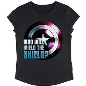 Marvel Dames Falcon and Winter Soldier-Wielding The Shield Rold Sleeve T-Shirt, Zwart, S, zwart, S