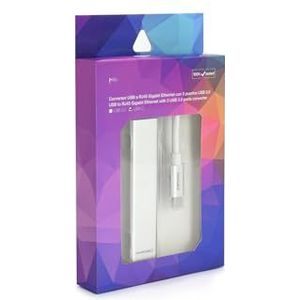 USB-C naar Gigabit Ethernet-poort en 3-poorts USB 3.0 hub, zilverkleurige afwerking, kabellengte 15 cm, ideaal voor het uitbreiden van apparaten met USB-C-poort.