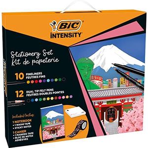BIC Intensity Japan Briefpapier Kit met Fineliners, Dual-Tip Vilt Pennen, Washi Tape, Sticky Notes, Notebook - Diverse kleuren, Set van 25 stuks