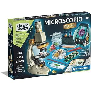 Clementoni Smart Deluxe 55511 Microscoop, 1200-voudige vergroting, wetenschappelijk speelgoed, met voorbereide monsters en wetenschappelijke kristallen, met telefoonhouder, vanaf 8 jaar, Spaans