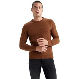 DeFacto Heren gebreide trui met lange mouwen ronde hals sweater - slim fit trui voor heren tops (camel, XXL), camel, XXL
