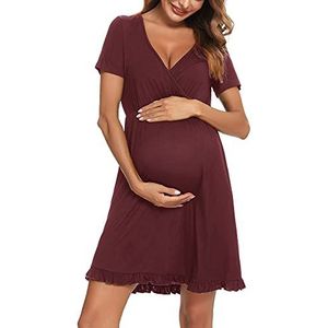 Doaraha Nachtkleding voor borstvoeding voor dames, zwangerschapsnachthemd van katoen, ruches, elegant, borstvoedingspyjama, geboorte, ziekenhuis, nachtkleding, Rood - korte mouwen, XL