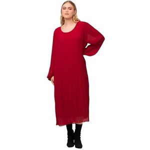 Ulla Popken Dames geplooide midi-jurk, A-lijn, ronde hals, lange mouwen jurken, rood, 50/52 Grote maten
