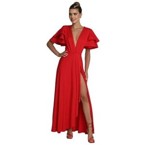 Madnezz House Dames damesjurk Salome, V-hals, maxi-lengte, split aan de zijkant van de jurk, rood, M