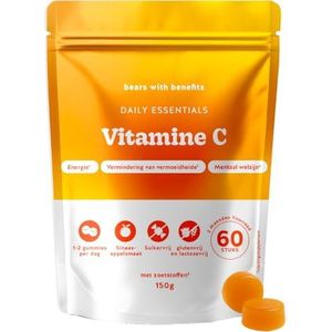 Vitamine C 250mg Gummies – Daily Essentials – Normale energiestofwisseling, immuunsysteem ondersteuning – 60 Stuks (2 maanden voorraad) – Veganistisch, suikervrij – Bears with Benefits