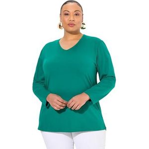Ulla Popken Dames grote maten plus size shirt, V-hals, relaxed, lange mouwen, smaragd groen., 62/64 NL