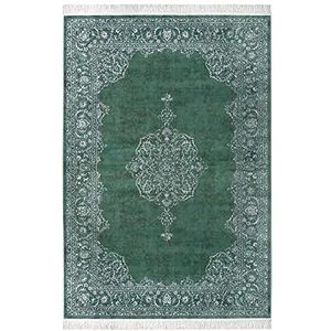Nouristan Oosters fluwelen tapijt met franjes Oriental Vintage medaillon (135x195 cm 60% viscose, 40% katoen, geschikt voor vloerverwarming, duurzaam en onderhoudsvriendelijk), groen
