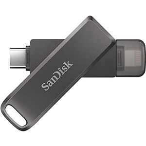SanDisk iXpand Luxe Flash Drive 2-in-1 iPhone-geheugen 64 GB (compatibel met iPad, automatische back-up, USB-C- en Lightning-poort, wachtwoordbeveiliging, iXpand-app), zilver