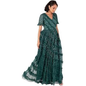 Maya Deluxe Maxi-jurk voor dames, V-hals, korte mouwen, pailletten, versierd, ruches, tule, A-lijn, bruidsmeisje, avond, gala, bal, gown, Emerald Groen, 48 NL