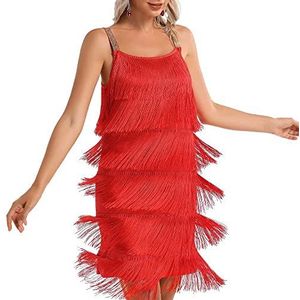 Dames Great Gatsby Flapper Spaghetti Kwastje Jurk met Hoofdband, 20s Elegante Art Deco Party Accessoire COSTUME Gift oorbellen (rood, M)