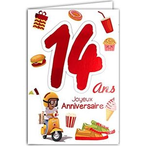 Afie 69-2114 wenskaart voor de 14e verjaardag voor jongens en meisjes – scooter Vespa geschenken voor cake cupcake hamburger basketbal