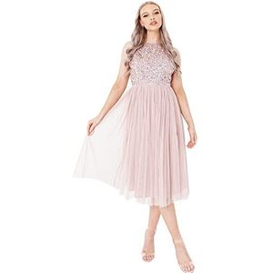 Maya Deluxe Midi-jurk voor dames, versierd met halterhals, bruidsmeisje, mat roze, 18