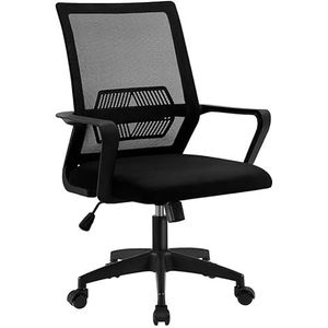 HOGAR24 ES Ergonomische bureaustoel, verstelbaar, met lendensteun, armleuningen en gevoerde zitting, ademend net met gemiddelde rugleuning, schommelmodus, voor vergaderruimte, zwart.