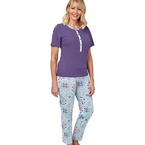 Marlon Anya 100% katoenen jersey tegelprint en effen lange pyjamaset voor dames, Blauw, 36-38