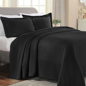 Hoogwaardige solitaire katoenen 3-delige bedsprei-set, woonkamerdecoratie, gedetailleerd en geweven, 2 kussenslopen, luchtige deken, gewatteerde bedsprei, 4 seizoenen, accent, twijfelaar, zwart