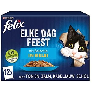 Felix Elke Dag Feest Vis Selectie kattenvoer, natvoer met Tonijn, met Zalm, met Kabeljauw en met Schol in Gelei 12x85g- doos van 4 (48 portiezakjes, 4,08kg)