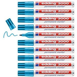 edding 3000 permanent marker - licht-blauw - 10 stiften - ronde punt 1,5-3 mm - sneldrogende permanent marker - water- en wrijfvast - voor karton, kunststof, hout, metaal - universele marker