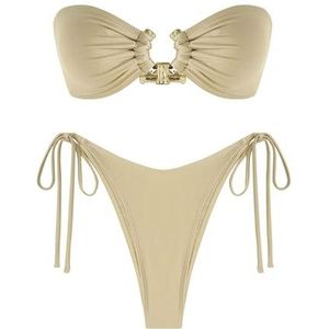 ZAFUL Metalen Ring Bandeau Bikini Set Tie Side Badpak Hoge Cut 2 Stuk Badpak Uitsparing Badmode, Zijdeachtige lichte koffie, M