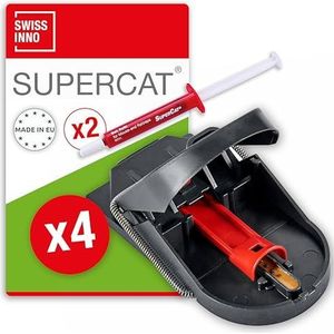 SWISSINNO Muizenval PRO SuperCat: Diervriendelijke efficiënte muizenverwijdering zonder valse vangsten, gifvrij, Binnen + buiten, veilig, Made in EU: 4x vallen + 2x lokaassprays