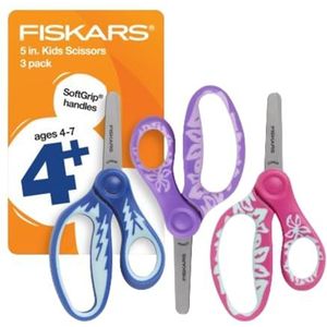 Fiskars Softgrip Blunt-Tip Schaar voor Kinderen - 3-Pack - 5"" Kids Schaar voor Crafting voor School vanaf 4 jaar - Blauw, Paars, Roze