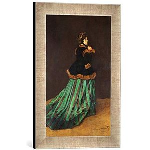 Ingelijste foto van Claude Monet ""Camille, or The Woman in the Green Dress, 1866"", kunstdruk in hoogwaardige handgemaakte fotolijst, 30x40 cm, zilver raya