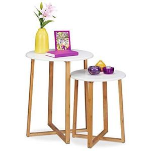 Relaxdays Bijzettafel set van 2, ronde tafels, 48,5 & 60,5 cm hoog, modern design, woonkamertafel, natuur/wit, MDF-platen, bamboe