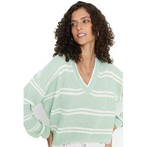 Trendyol Dames V-hals gestreepte oversized sweater sweatshirt, mint, M, Munt, M