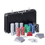 Relaxdays Poker set 300 Poker Chips - Pokerkoffer - Texas Hold'em - 5 Dobbelstenen - Zwart